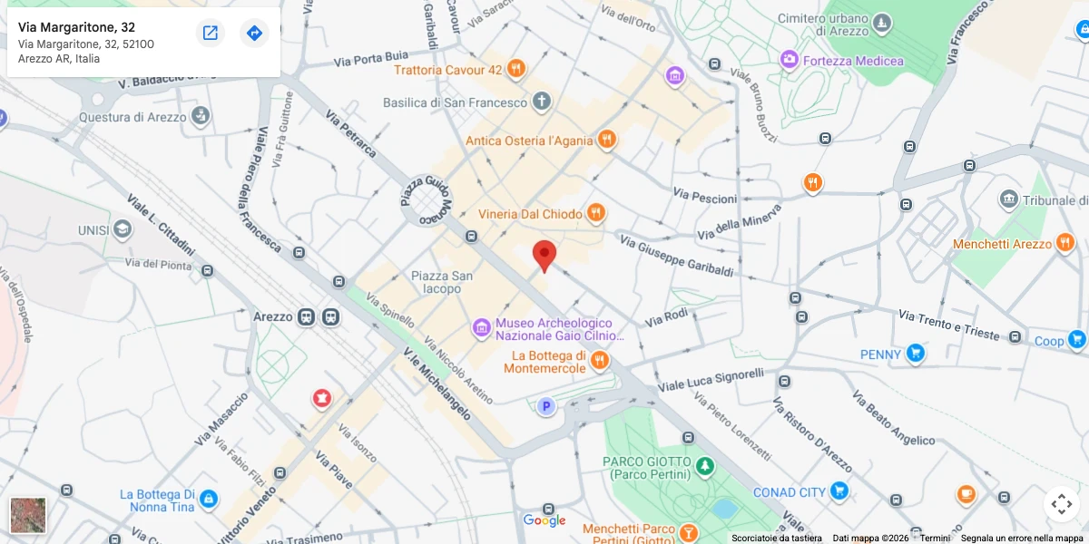 Mappa Google della sede in Via Margaritone 32, Arezzo, vicino al Museo Archeologico