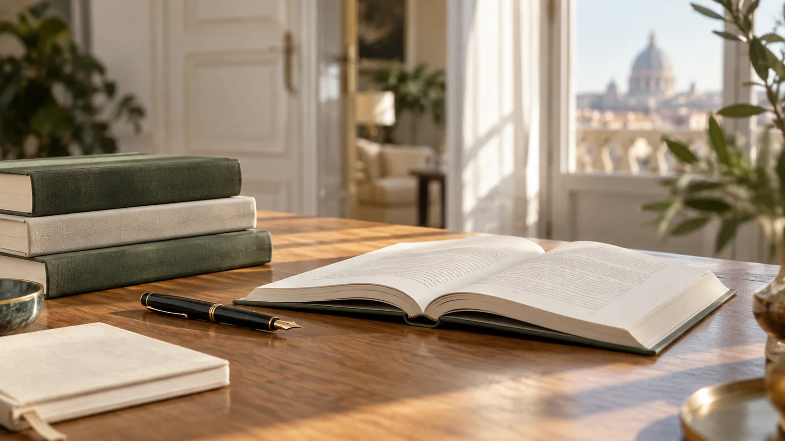 Volumes, an open book and a pen on a wooden desk